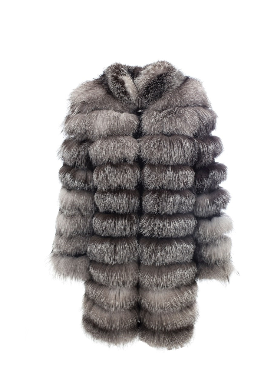 Dış Giyim Gri Tüy Detaylı  Long Fur Coat